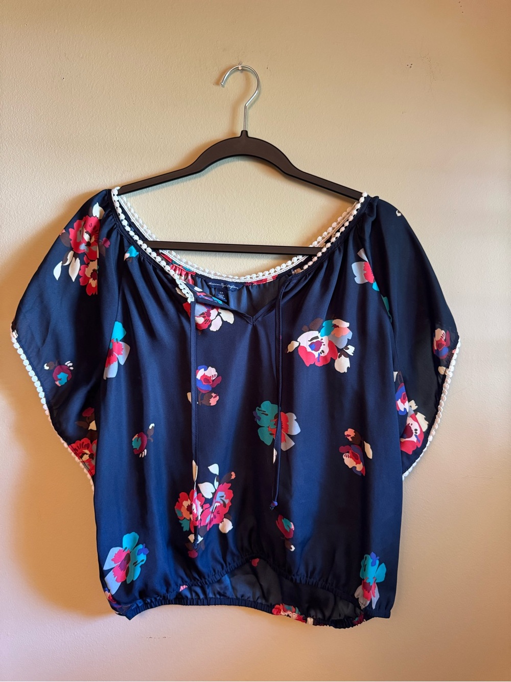 American Eagle Outfitters Navy Floral Boho Blouse with Pom Trim